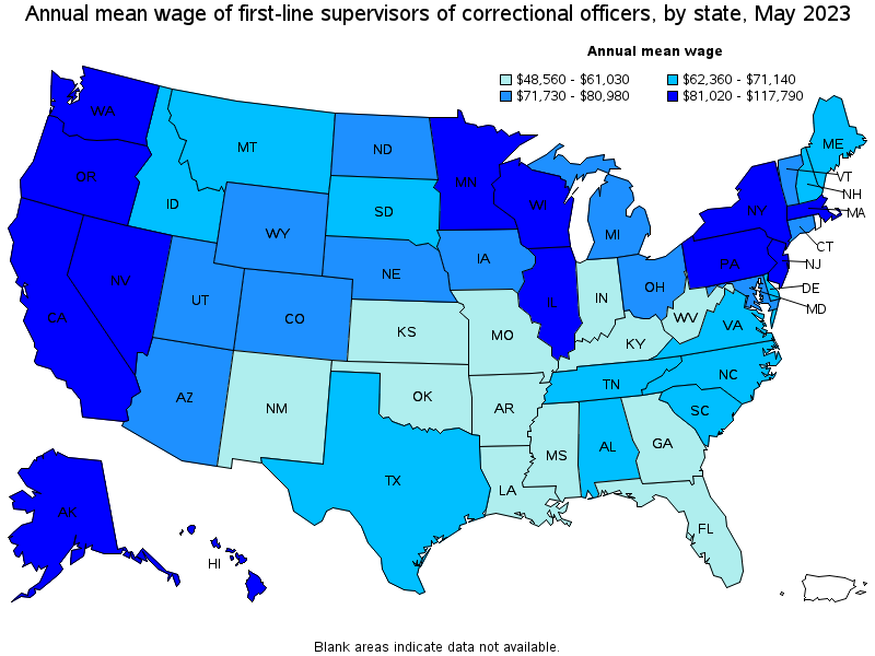 Map of annual mean wages of first-line supervisors of correctional officers by state, May 2021
