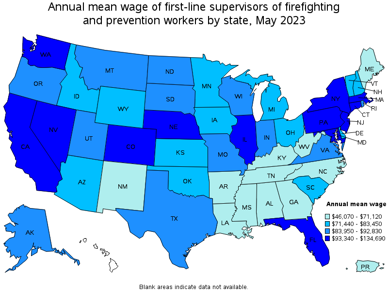 Map of annual mean wages of first-line supervisors of firefighting and prevention workers by state, May 2021