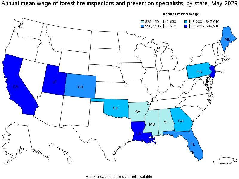 Map of annual mean wages of forest fire inspectors and prevention specialists by state, May 2021