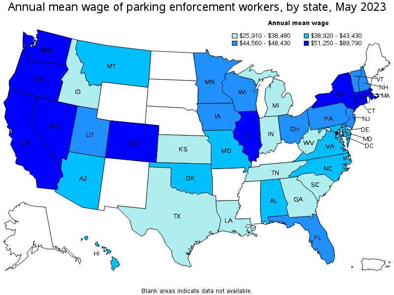 Map of annual mean wages of parking enforcement workers by state, May 2021