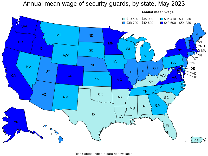 Map of annual mean wages of security guards by state, May 2021