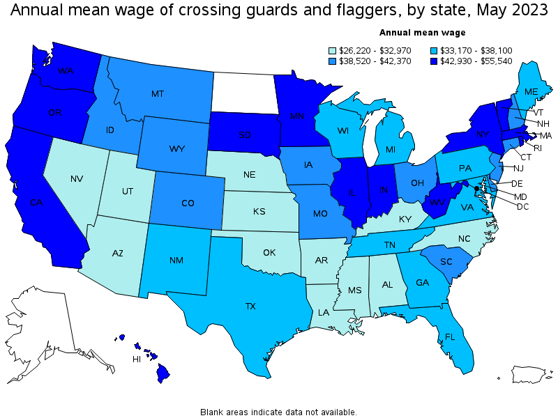 Map of annual mean wages of crossing guards and flaggers by state, May 2021