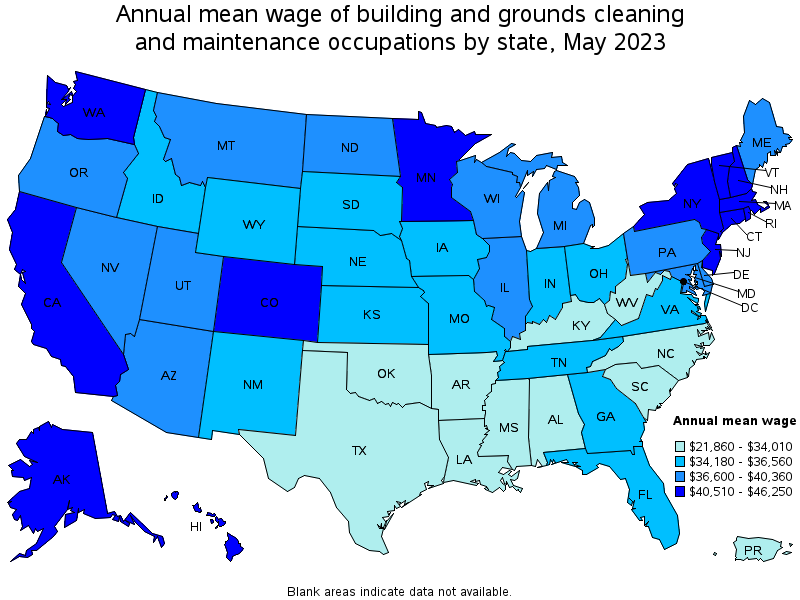 Map of annual mean wages of building and grounds cleaning and maintenance occupations by state, May 2021
