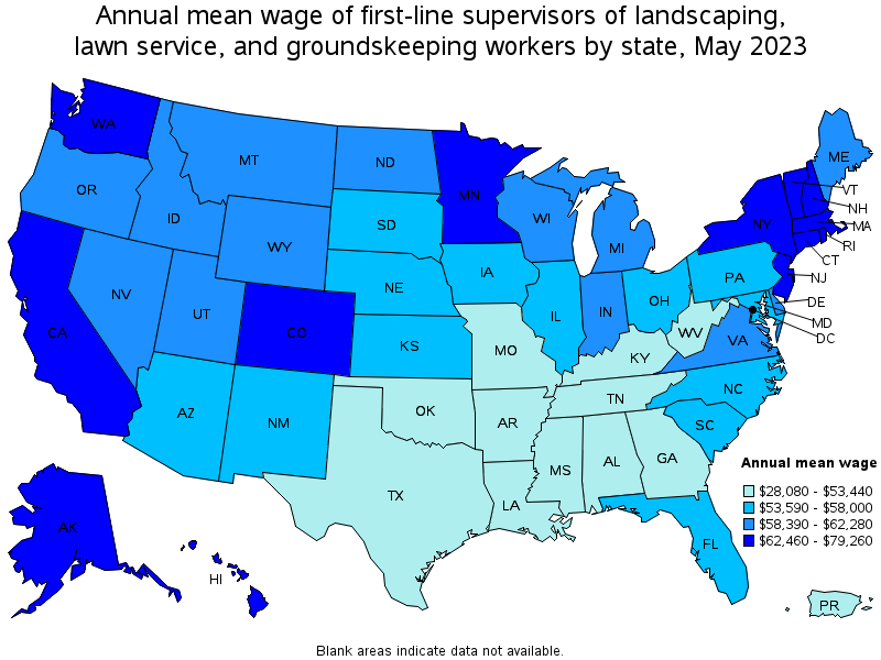 Map of annual mean wages of first-line supervisors of landscaping, lawn service, and groundskeeping workers by state, May 2022