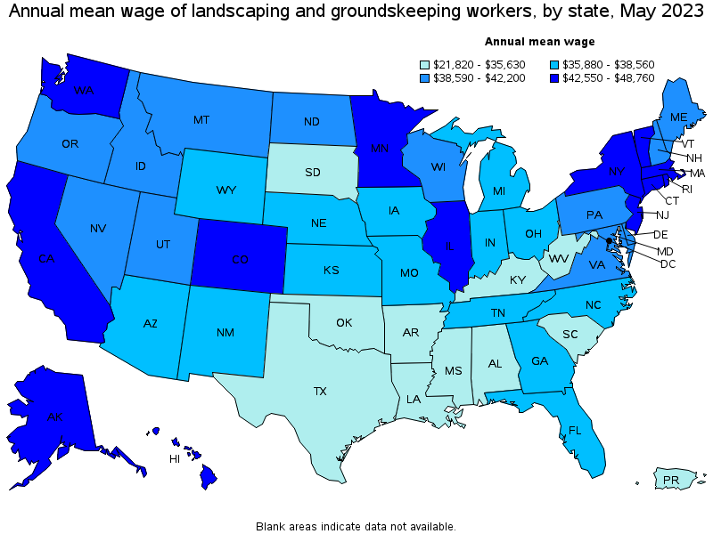 Map of annual mean wages of landscaping and groundskeeping workers by state, May 2021