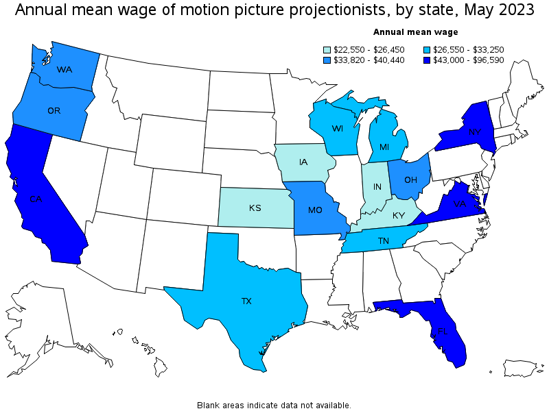 Map of annual mean wages of motion picture projectionists by state, May 2022