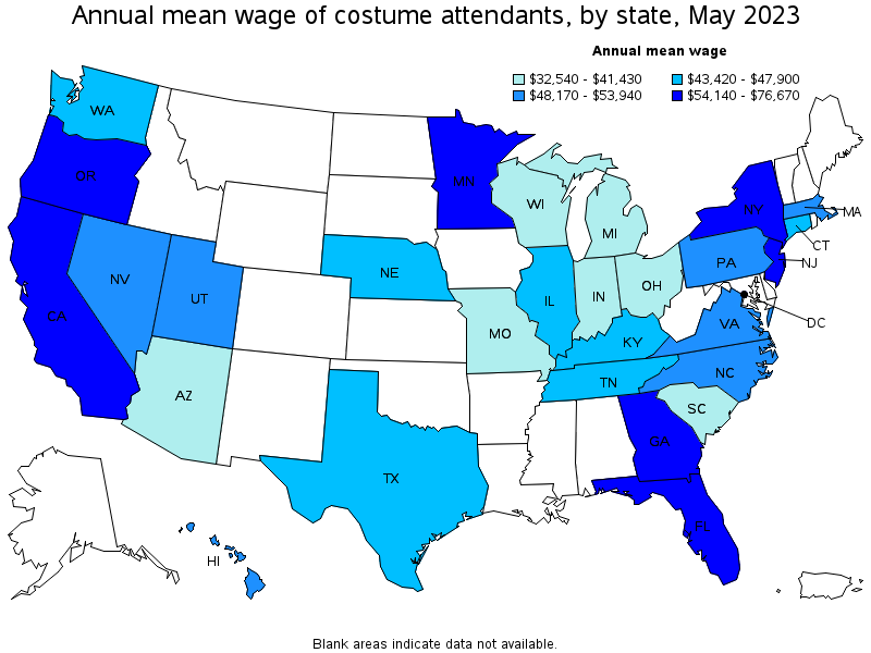 Map of annual mean wages of costume attendants by state, May 2021