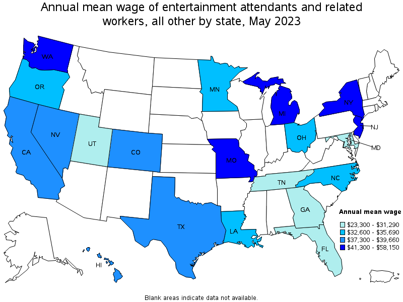 Map of annual mean wages of entertainment attendants and related workers, all other by state, May 2022