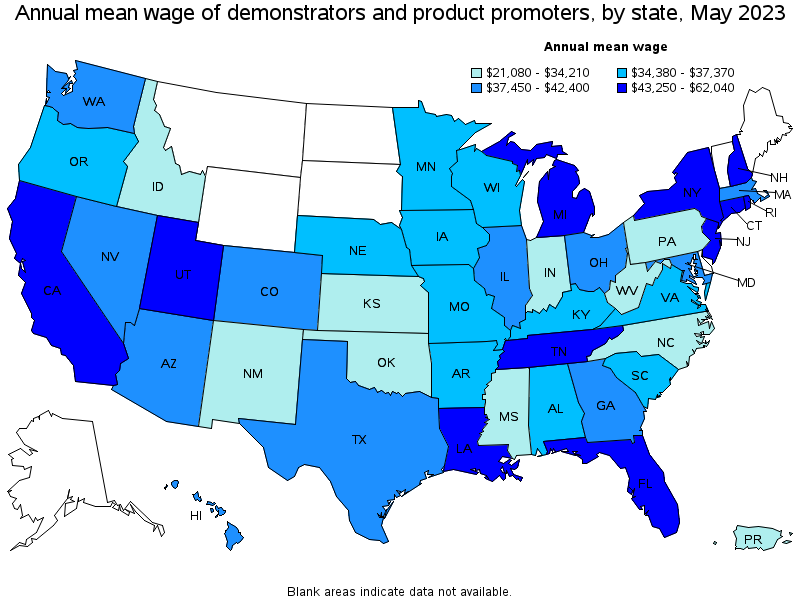 Map of annual mean wages of demonstrators and product promoters by state, May 2022