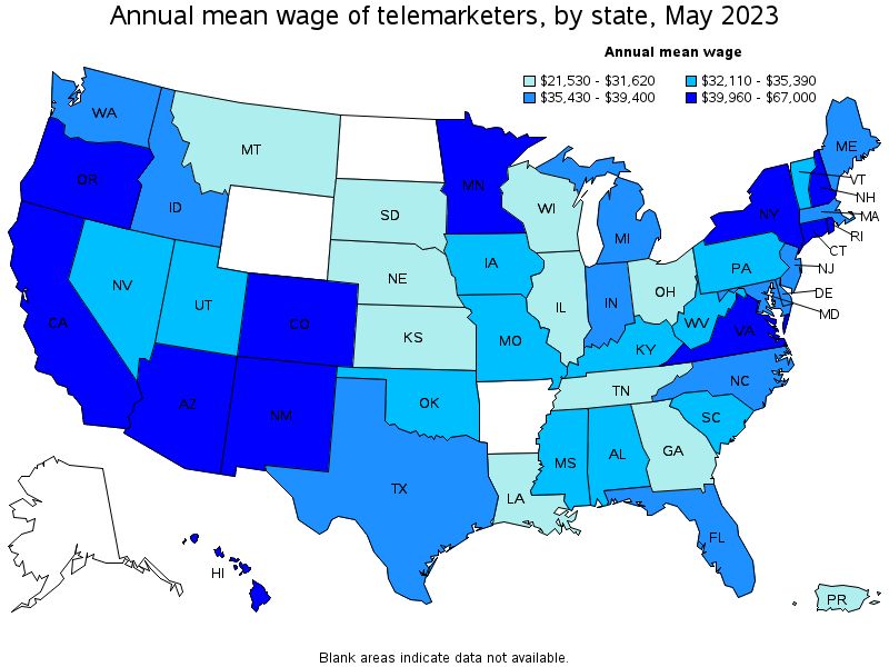 Map of annual mean wages of telemarketers by state, May 2021