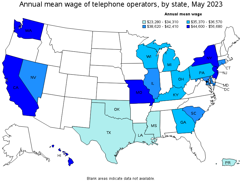 Map of annual mean wages of telephone operators by state, May 2023