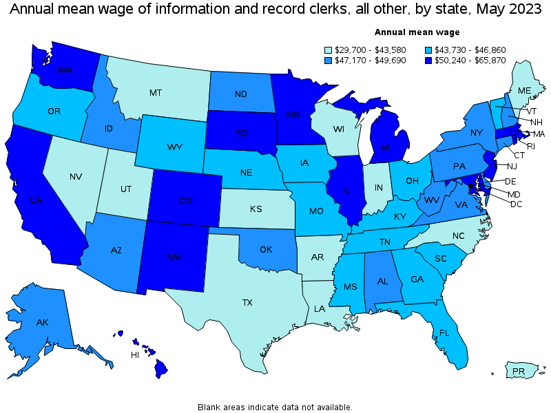 Map of annual mean wages of information and record clerks, all other by state, May 2022