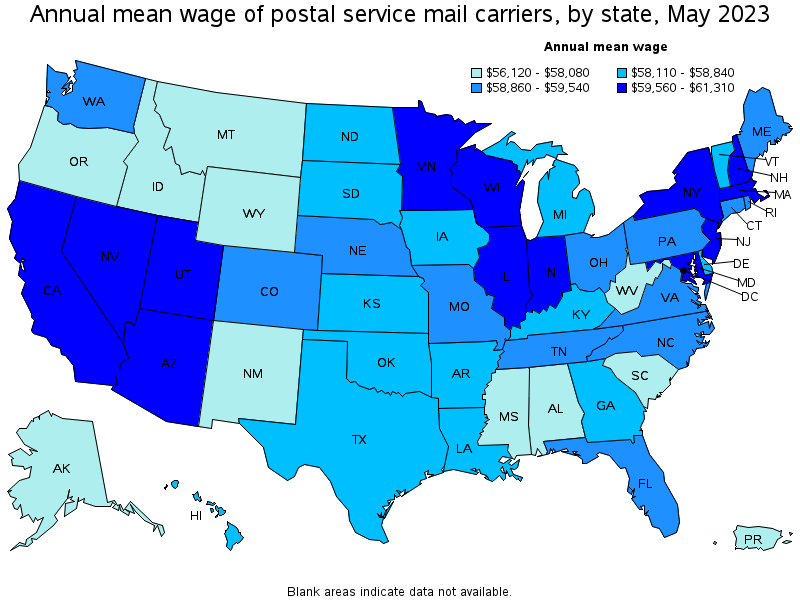 Map of annual mean wages of postal service mail carriers by state, May 2022