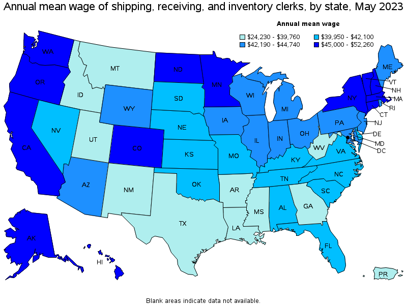 Map of annual mean wages of shipping, receiving, and inventory clerks by state, May 2022