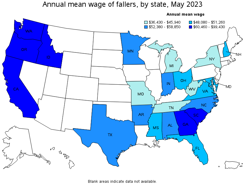 Map of annual mean wages of fallers by state, May 2022