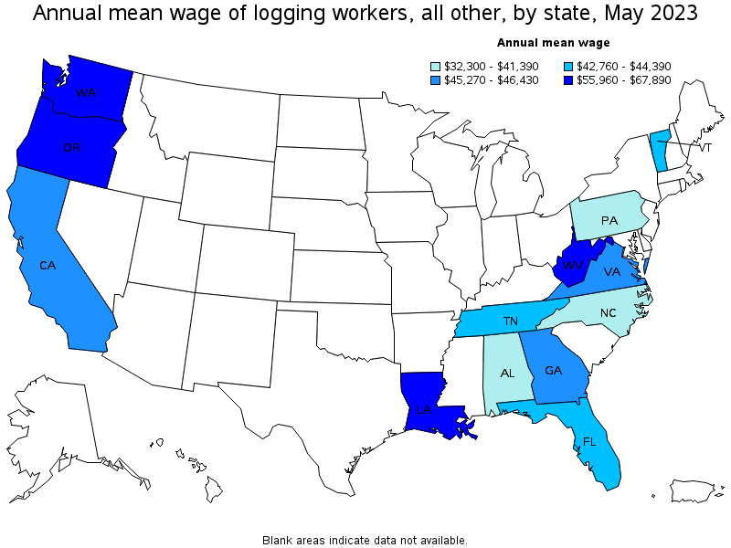Map of annual mean wages of logging workers, all other by state, May 2021