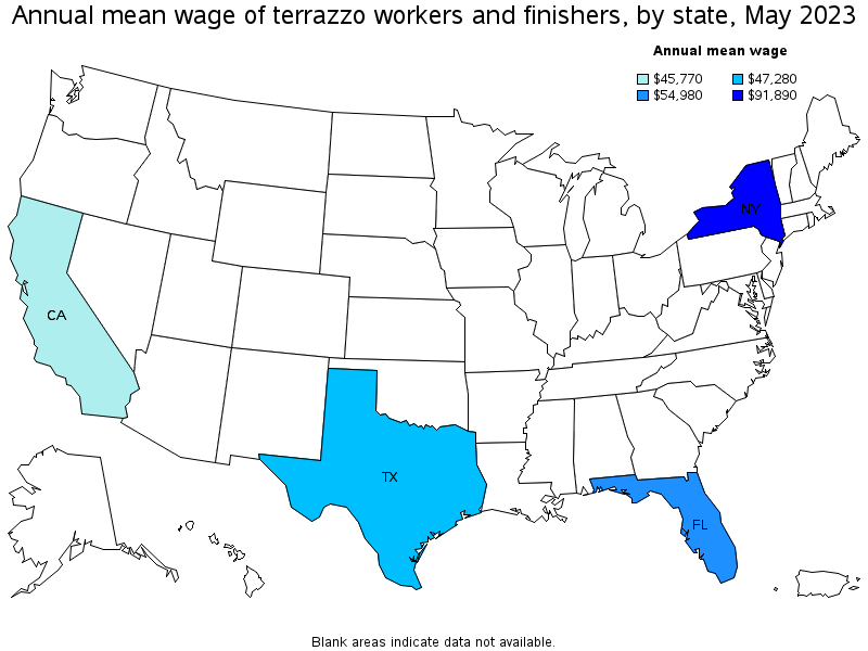 Map of annual mean wages of terrazzo workers and finishers by state, May 2021