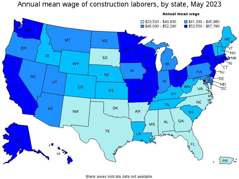 Map of annual mean wages of construction laborers by state, May 2021