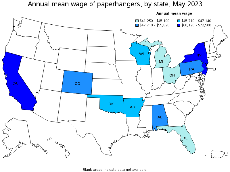 Map of annual mean wages of paperhangers by state, May 2022