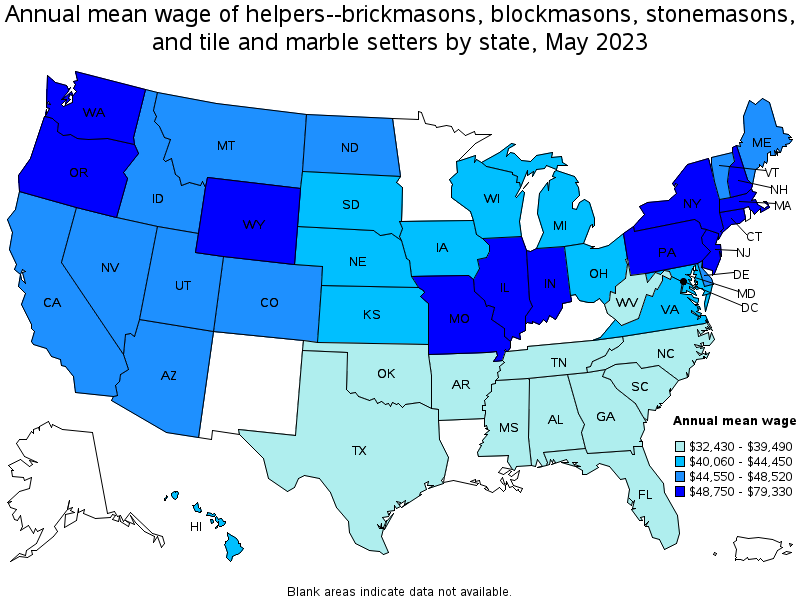 Map of annual mean wages of helpers--brickmasons, blockmasons, stonemasons, and tile and marble setters by state, May 2021
