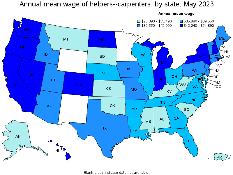 Map of annual mean wages of helpers--carpenters by state, May 2022