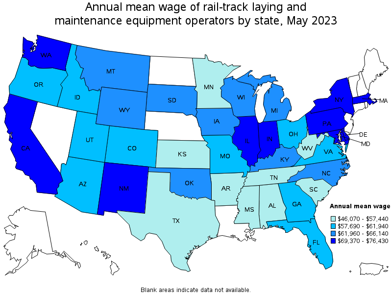 Map of annual mean wages of rail-track laying and maintenance equipment operators by state, May 2021