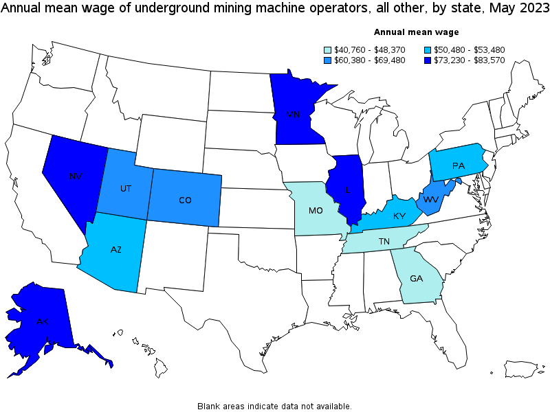 Map of annual mean wages of underground mining machine operators, all other by state, May 2021