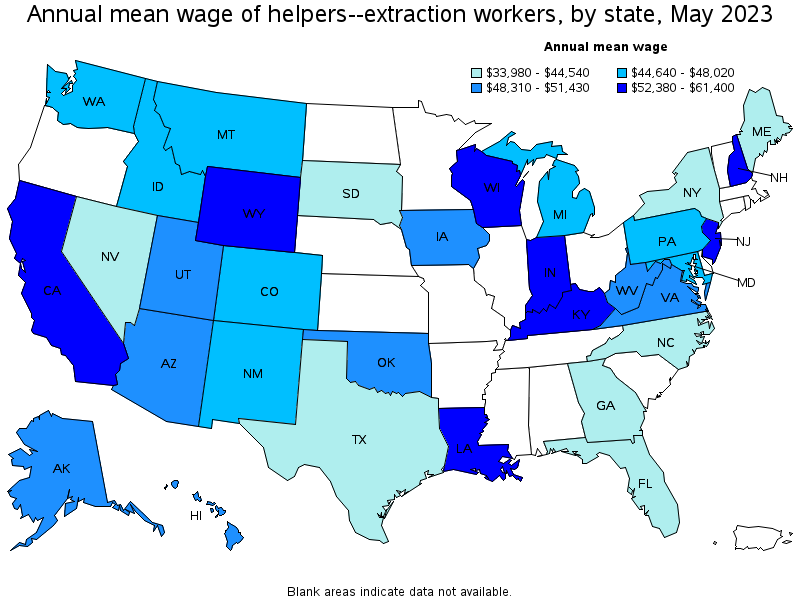 Map of annual mean wages of helpers--extraction workers by state, May 2021