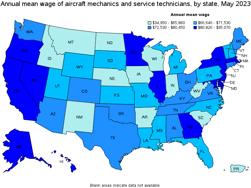 Map of annual mean wages of aircraft mechanics and service technicians by state, May 2021