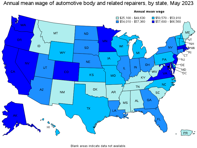 Map of annual mean wages of automotive body and related repairers by state, May 2022