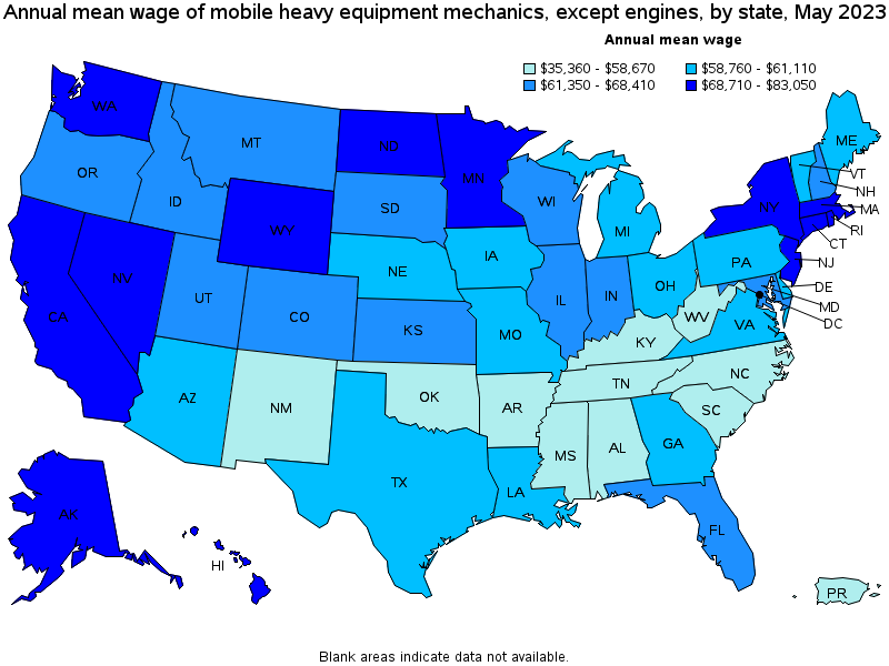 Map of annual mean wages of mobile heavy equipment mechanics, except engines by state, May 2022