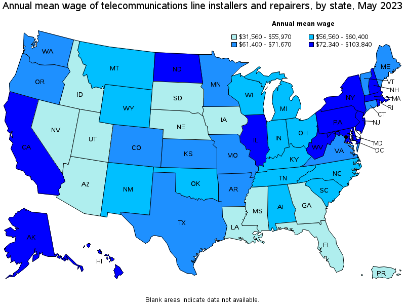 Map of annual mean wages of telecommunications line installers and repairers by state, May 2021