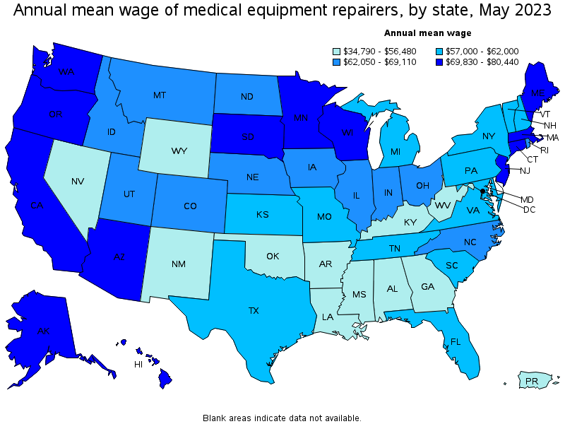 Map of annual mean wages of medical equipment repairers by state, May 2021