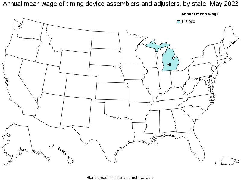 Map of annual mean wages of timing device assemblers and adjusters by state, May 2021
