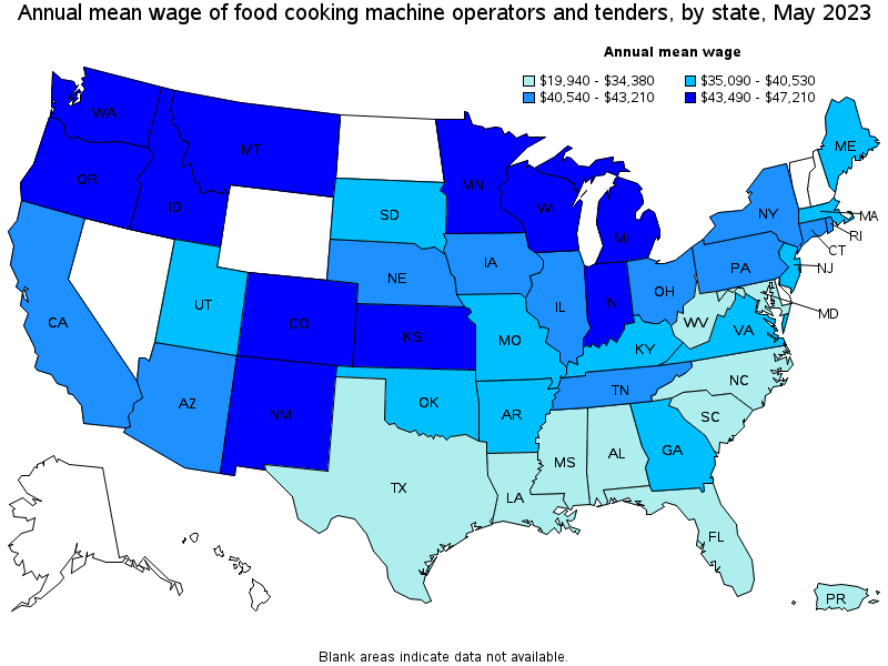 Map of annual mean wages of food cooking machine operators and tenders by state, May 2021