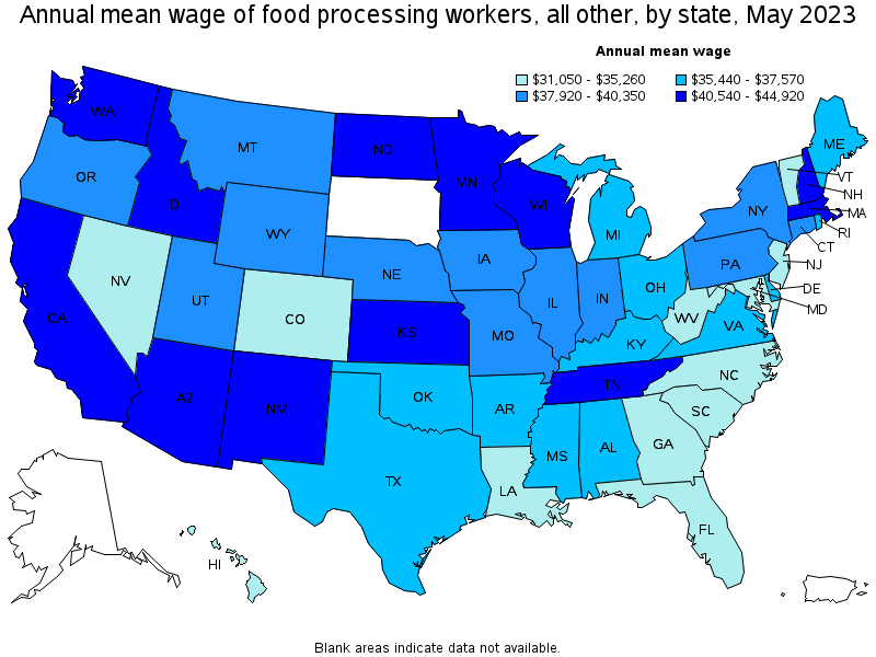 Map of annual mean wages of food processing workers, all other by state, May 2022