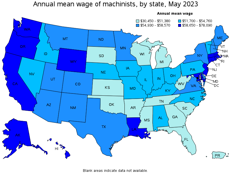 Map of annual mean wages of machinists by state, May 2021