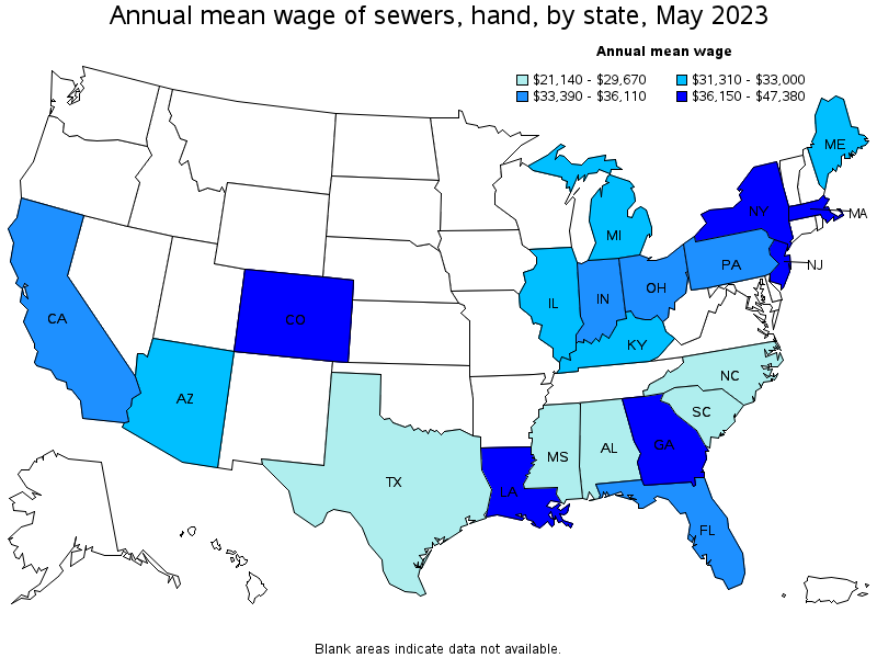 Map of annual mean wages of sewers, hand by state, May 2022