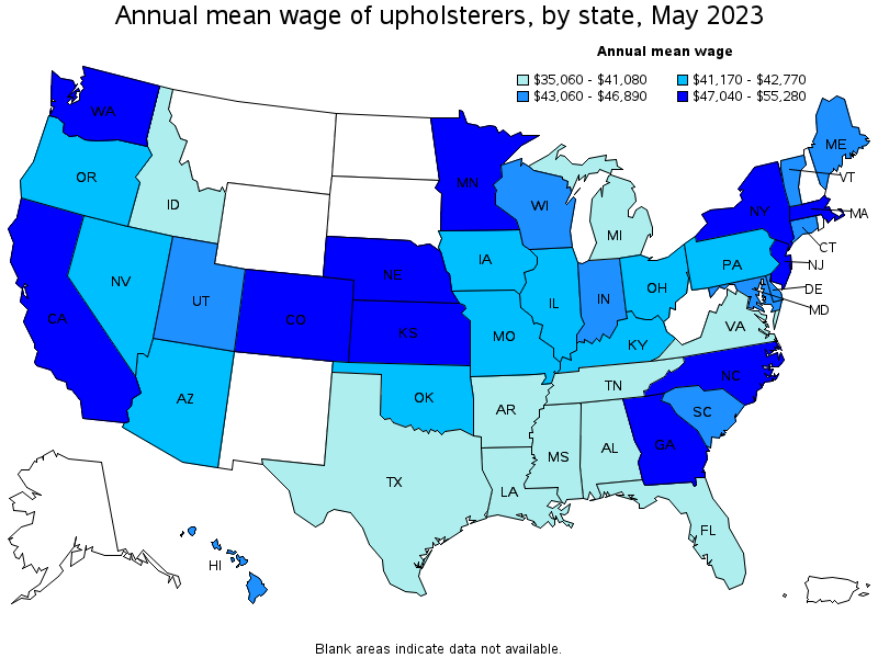 Map of annual mean wages of upholsterers by state, May 2022
