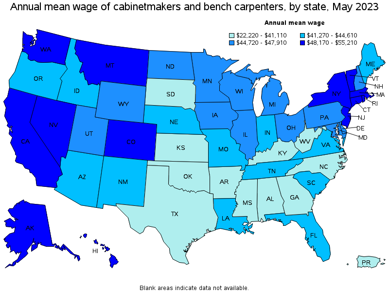 Map of annual mean wages of cabinetmakers and bench carpenters by state, May 2021