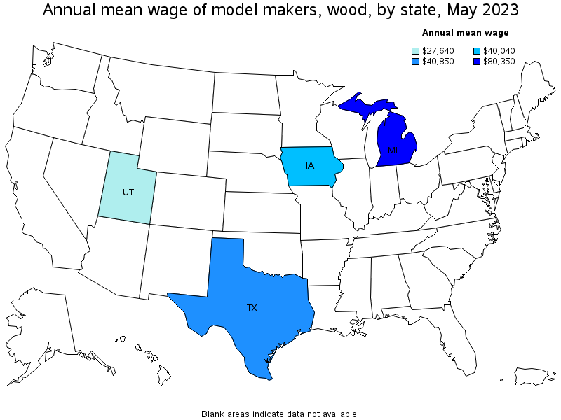 Map of annual mean wages of model makers, wood by state, May 2022