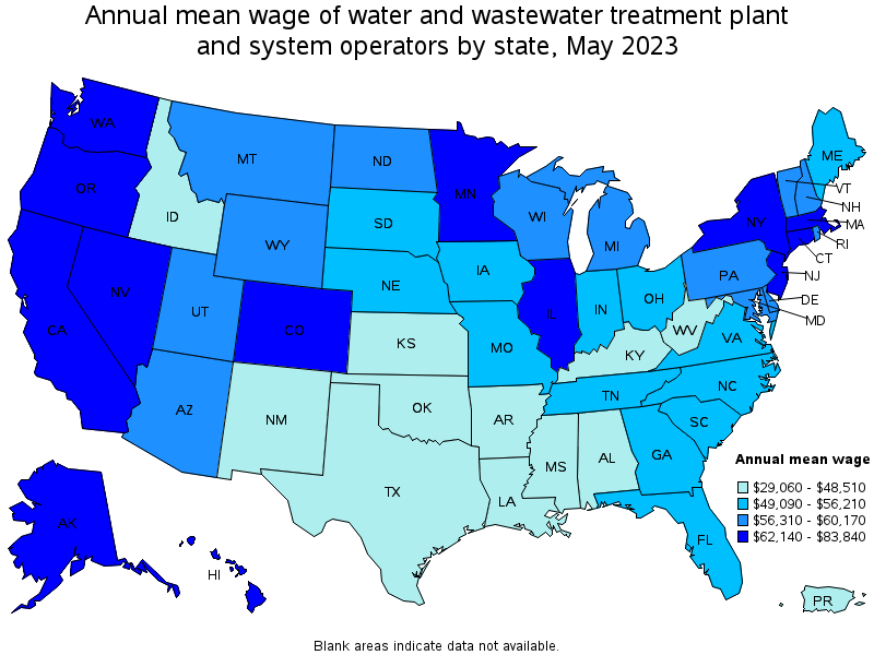 Map of annual mean wages of water and wastewater treatment plant and system operators by state, May 2022