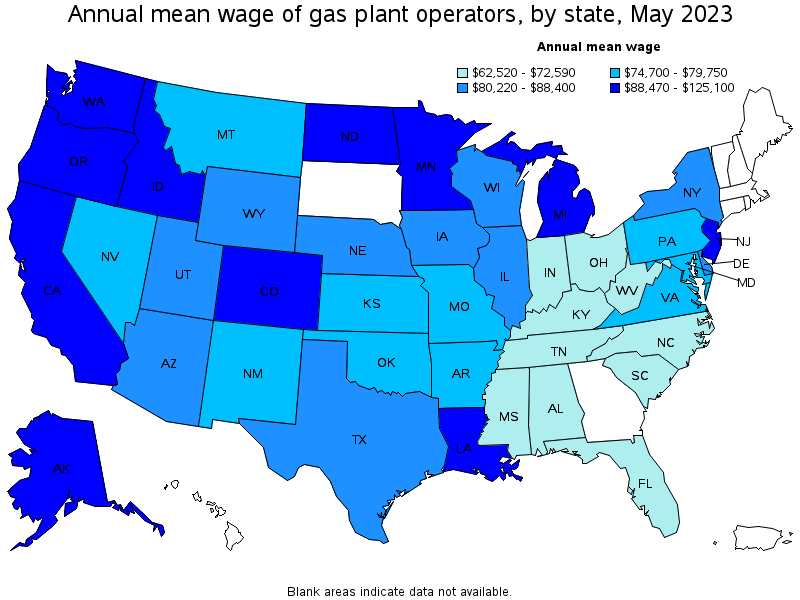 Map of annual mean wages of gas plant operators by state, May 2022