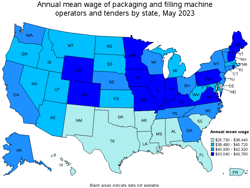 Map of annual mean wages of packaging and filling machine operators and tenders by state, May 2022