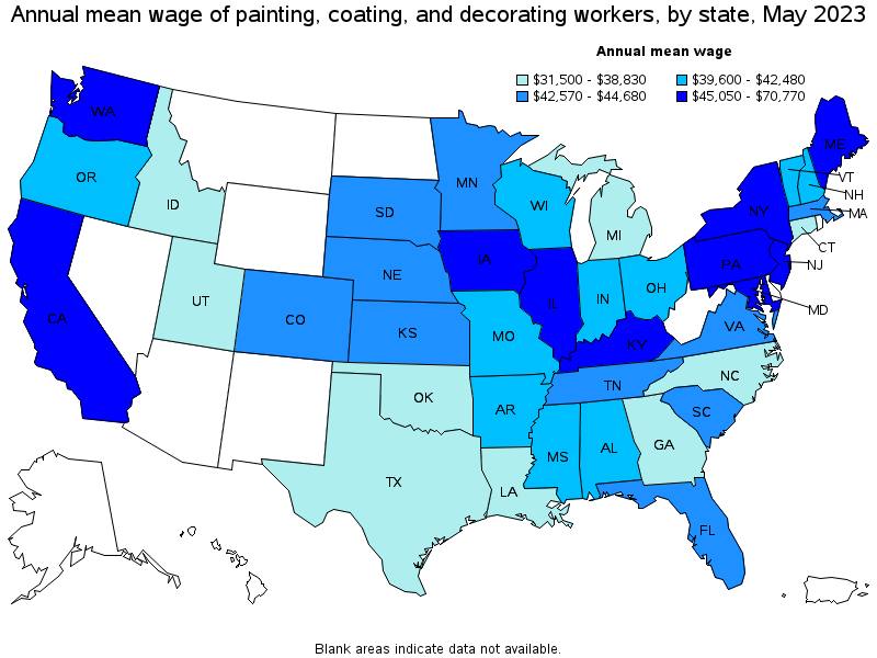 Map of annual mean wages of painting, coating, and decorating workers by state, May 2021