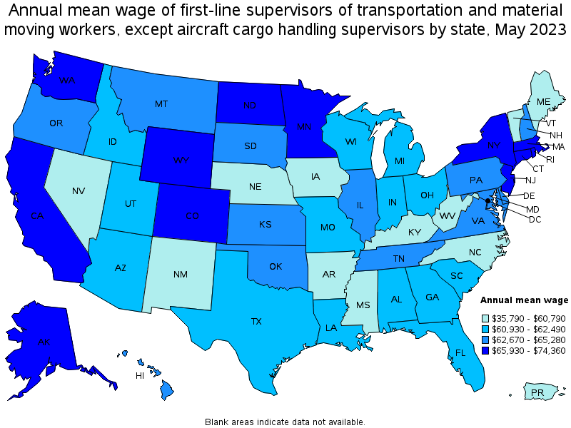 Map of annual mean wages of first-line supervisors of transportation and material moving workers, except aircraft cargo handling supervisors by state, May 2021