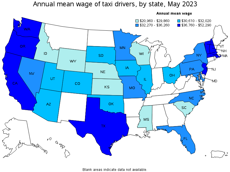 Map of annual mean wages of taxi drivers by state, May 2022
