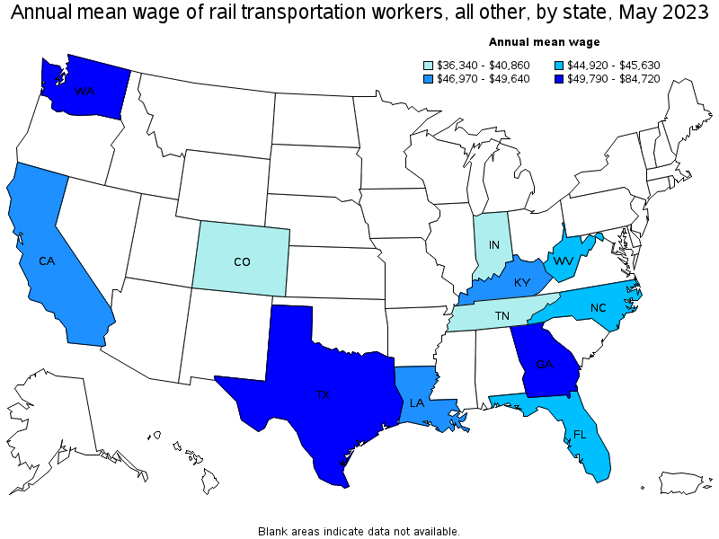 Map of annual mean wages of rail transportation workers, all other by state, May 2022