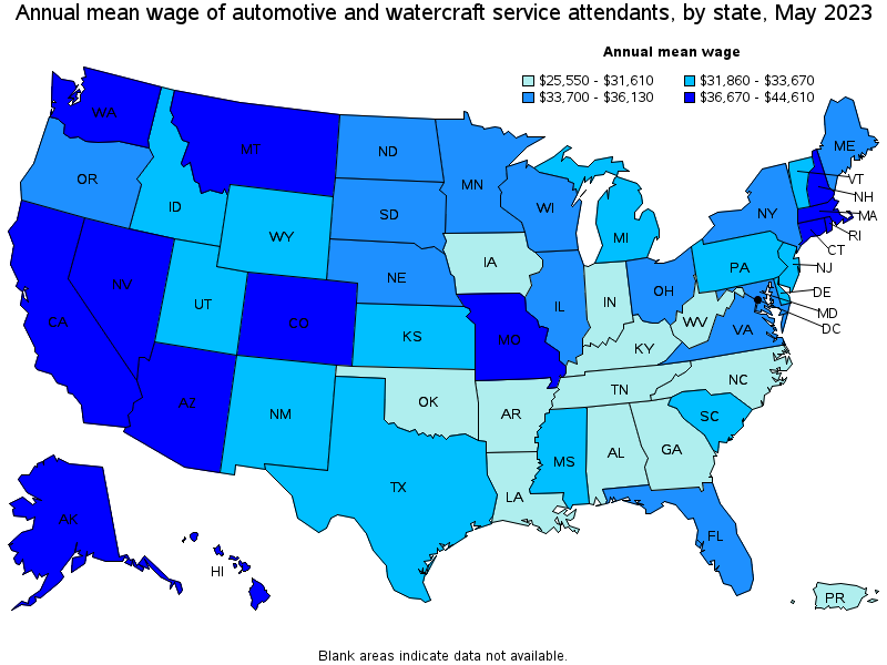 Map of annual mean wages of automotive and watercraft service attendants by state, May 2021