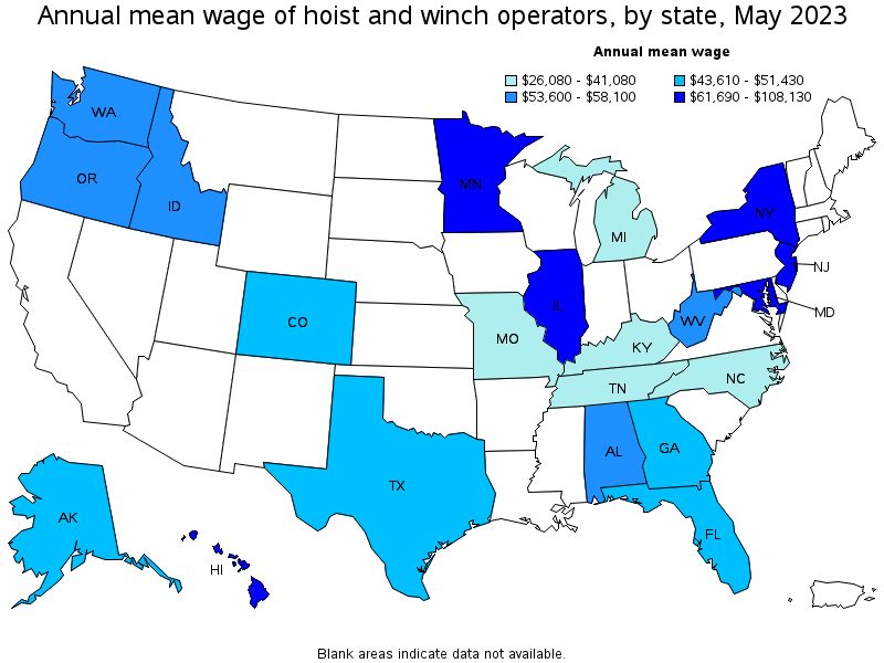Map of annual mean wages of hoist and winch operators by state, May 2021